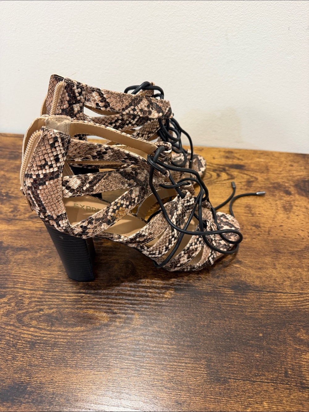 Express Women's Snake Print Lace-Up Block Heel Sandals - Beige/Brown size 8.5
